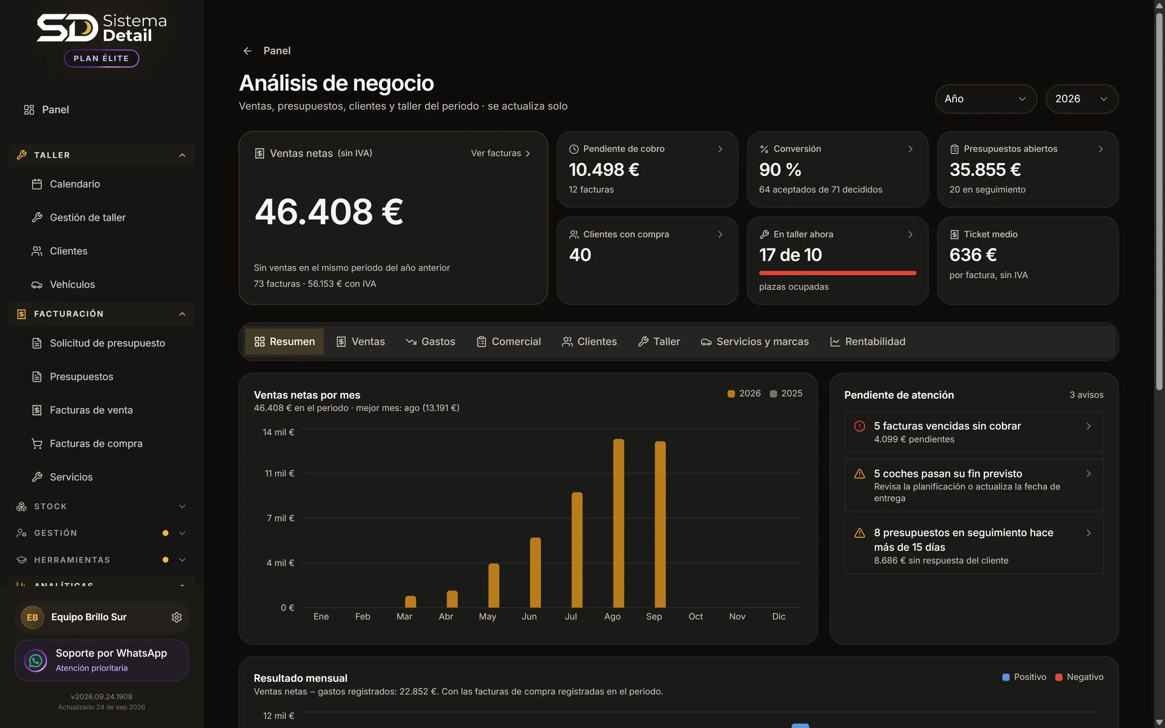 Análisis del negocio con ventas y servicios del mes