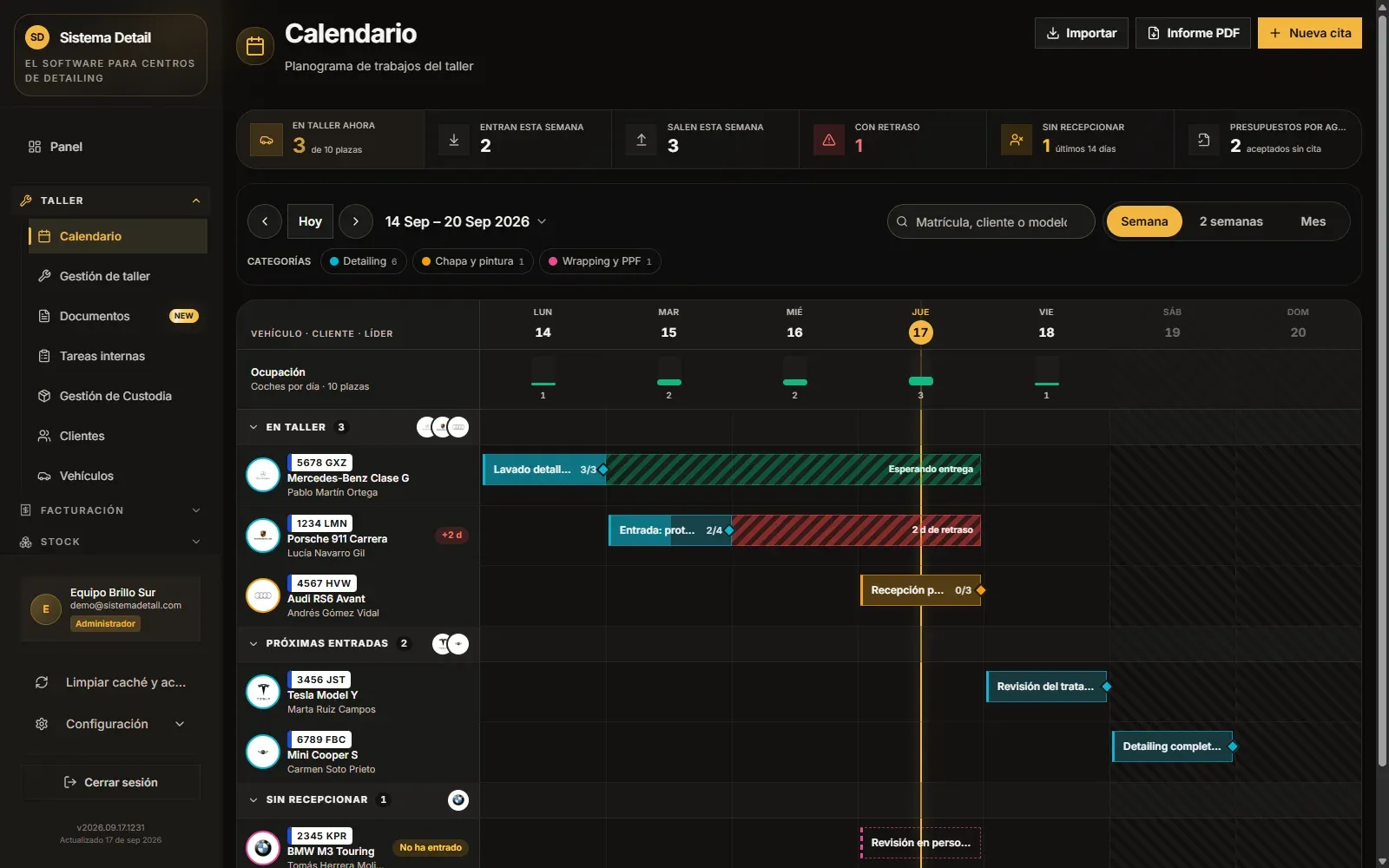 Calendario semanal con las citas del taller