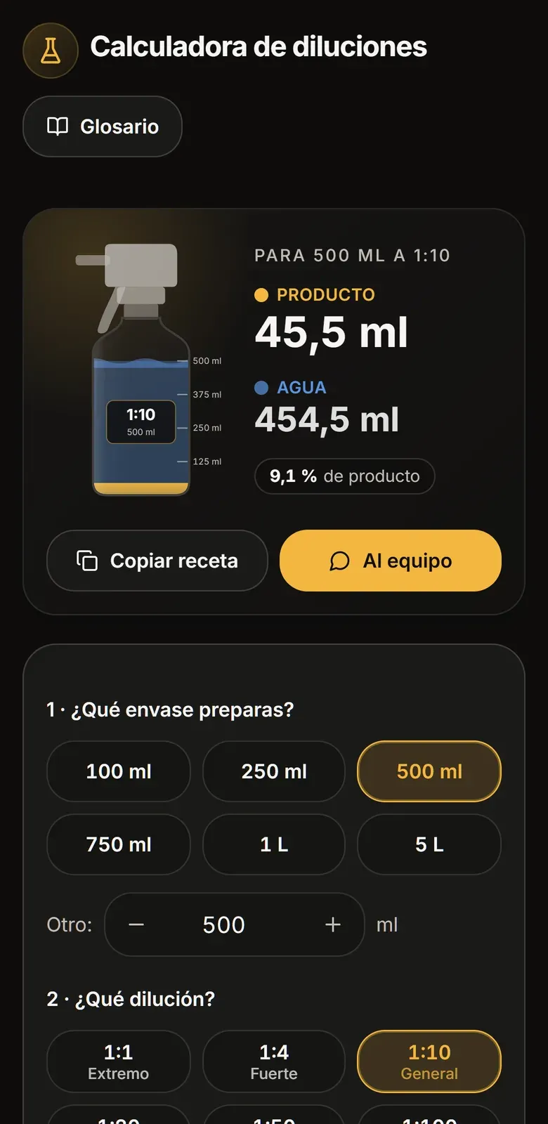 Calculadora de diluciones en el móvil: pulverizador de 500 ml a 1:10 con 45,5 ml de producto y 454,5 ml de agua
