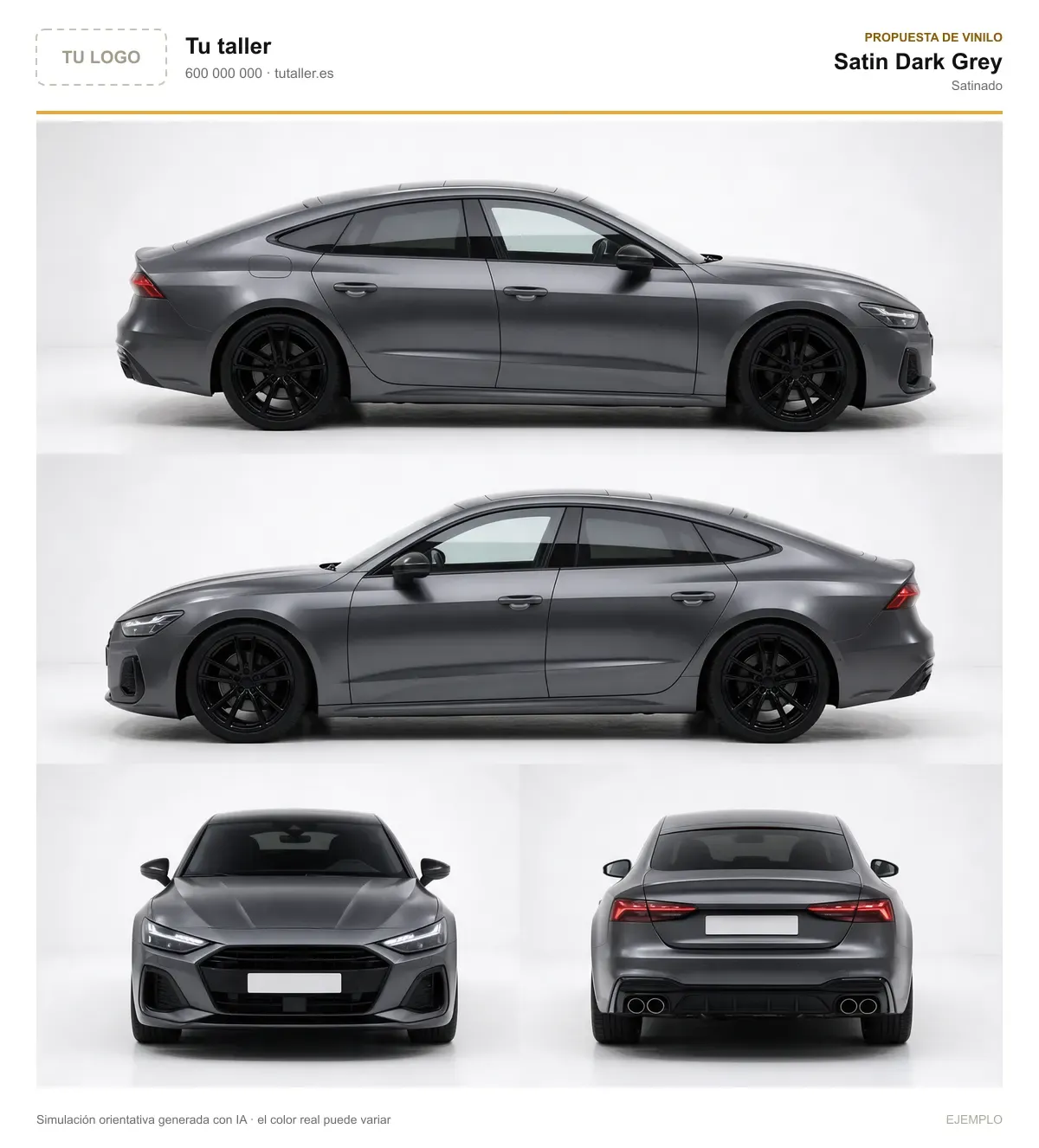 Ejemplo de ficha de 4 vistas de un coche con vinilo gris satinado y el logotipo del taller