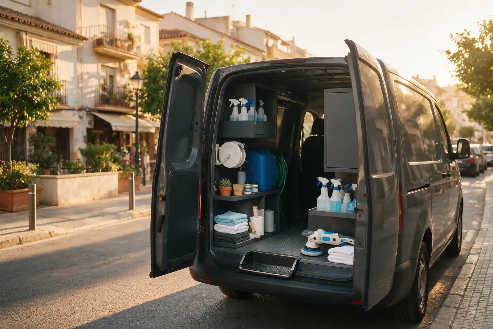Furgoneta con el material de detailing en el maletero abierto, aparcada en una calle