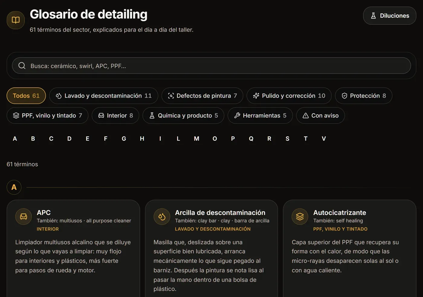 Glosario de detailing en Sistema Detail con buscador, áreas y términos como APC o arcilla de descontaminación
